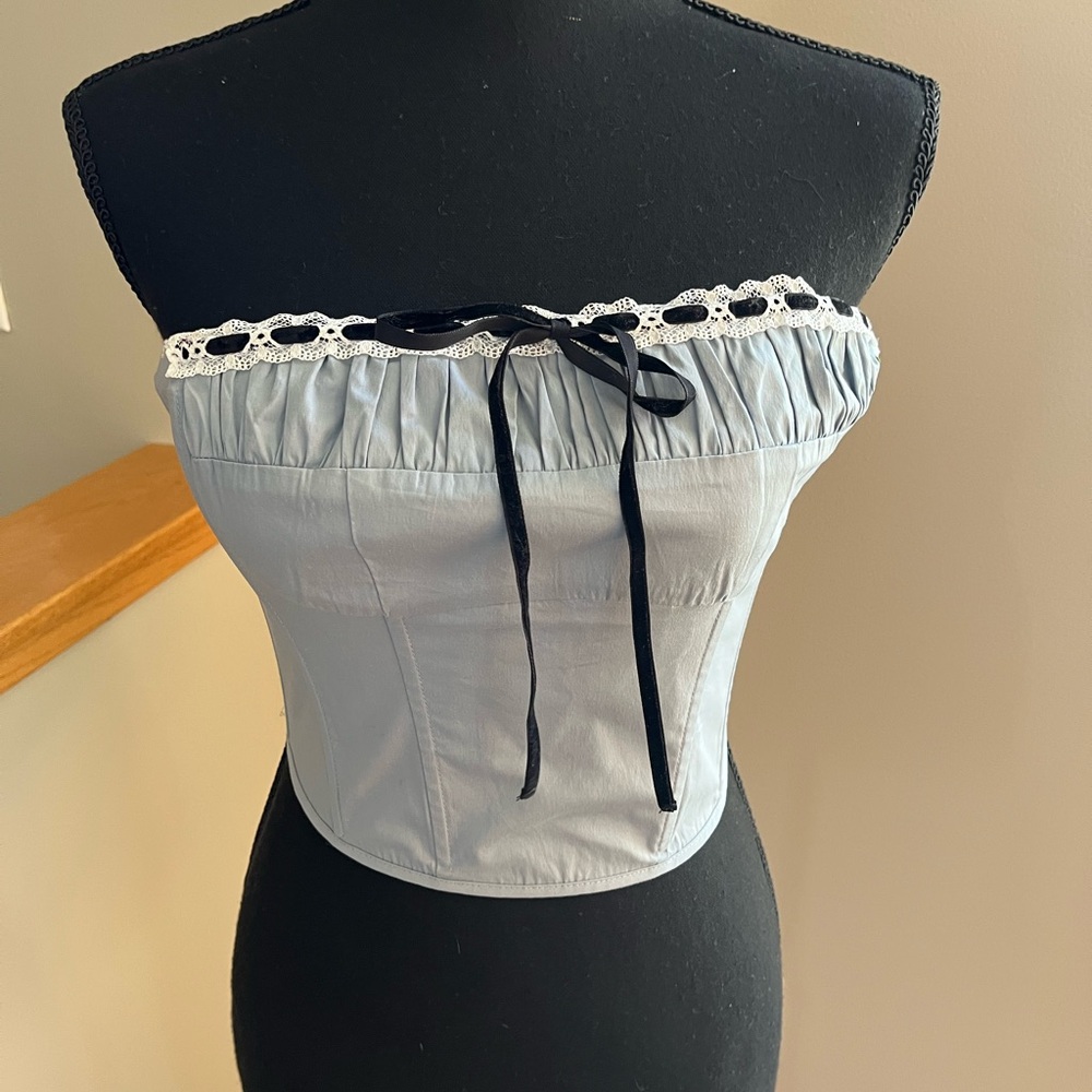 New Cotton Candy LA light blue Haven milkmaid structured cropped tube top. Small